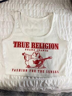 True Religion White Ribbed Crop Tank with Red Logo Graphic